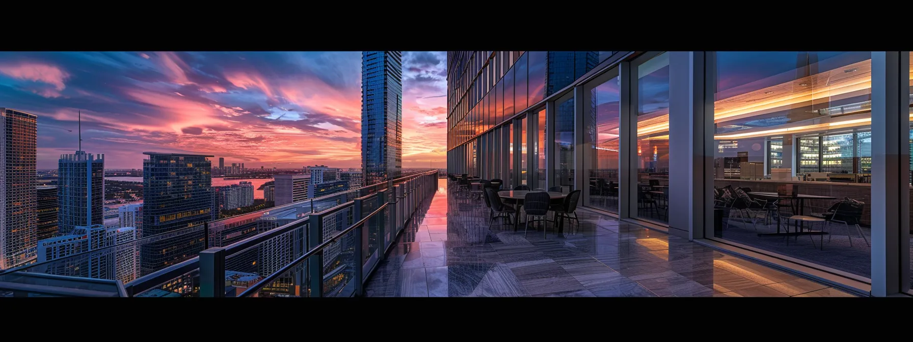 a panoramic view of a bustling miami skyline, showcasing sleek modern high-rises reflecting the vibrant colors of a sunset, with a sleek office space in the foreground signifying real estate investment opportunities.